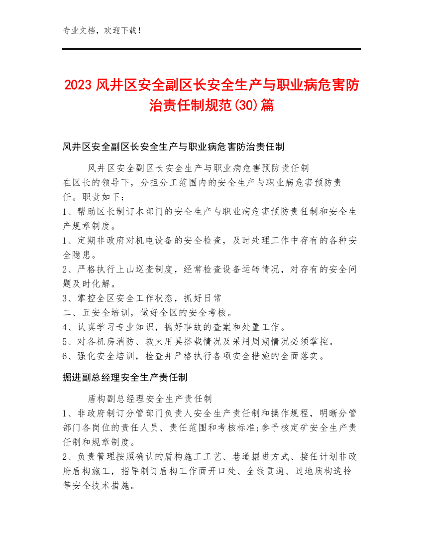 2023风井区安全副区长安全生产与职业病危害防治责任制规范(30)篇