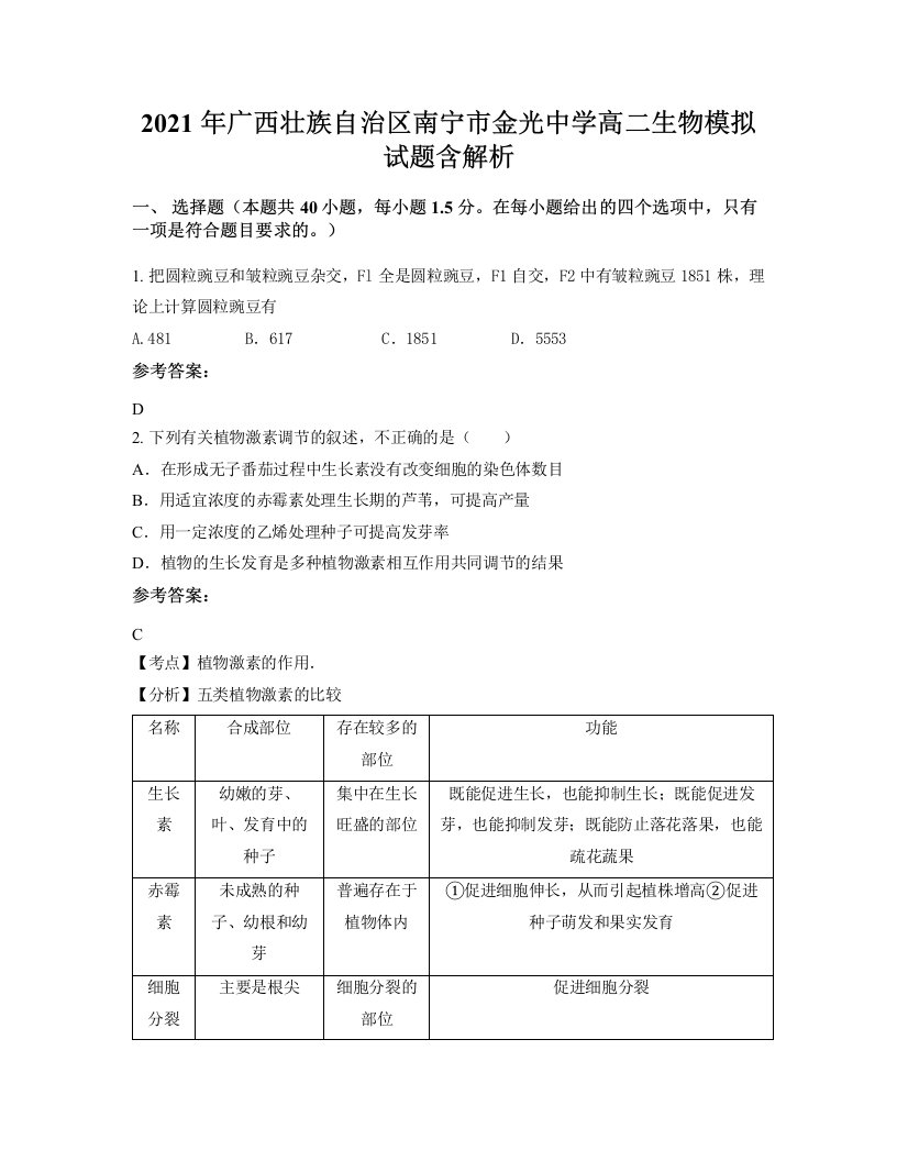 2021年广西壮族自治区南宁市金光中学高二生物模拟试题含解析