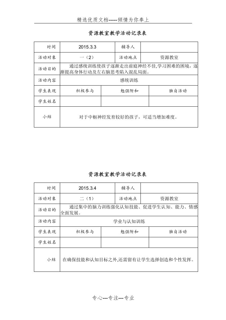 2014-2015第二学期资源教室教学活动记录表(共14页)