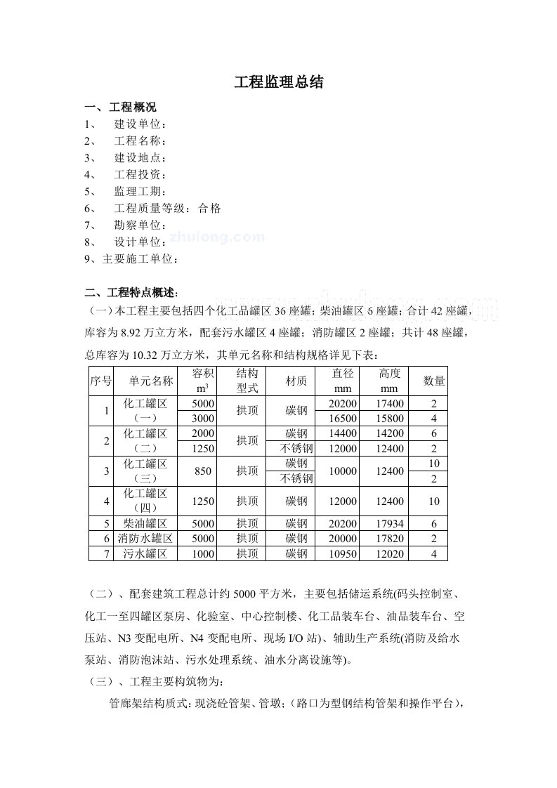 某石化仓储工程监理工作总结