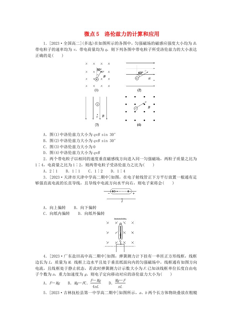 2023版新教材高中物理第1章安培力与洛伦兹力微点5洛伦兹力的计算和应用课时作业新人教版选择性必修第二册