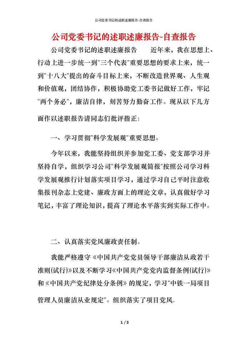 精编公司党委书记的述职述廉报告-自查报告