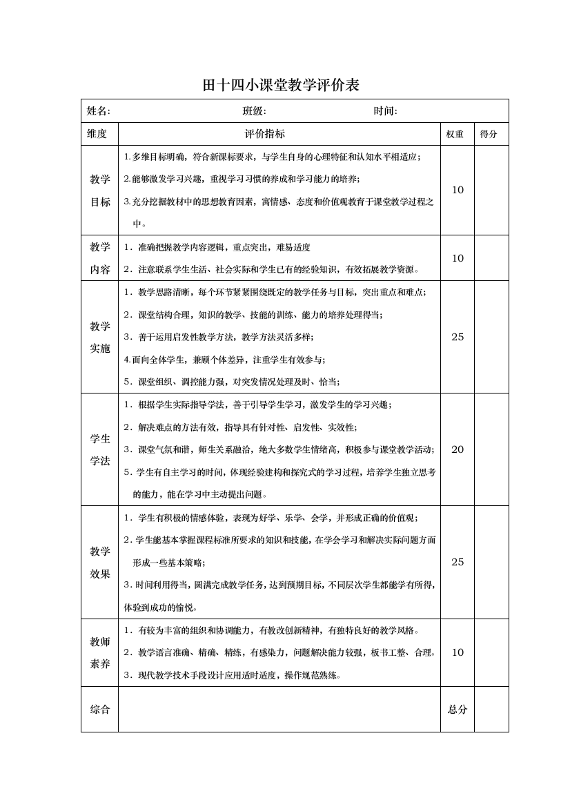 （中小学资料）田十四小课堂教学评价表