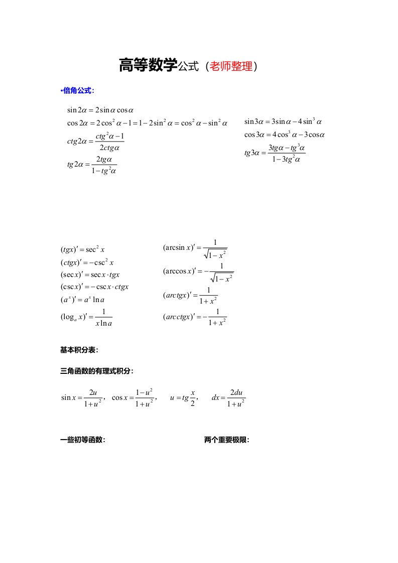 高等数学公式经典