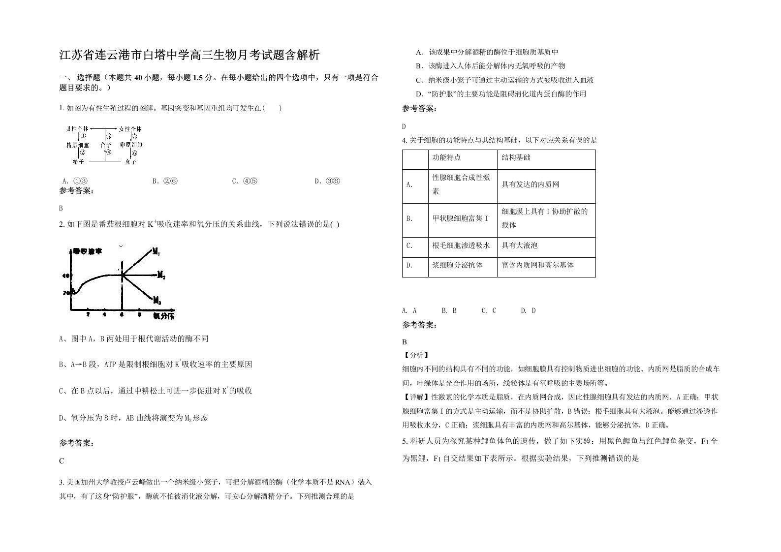 江苏省连云港市白塔中学高三生物月考试题含解析