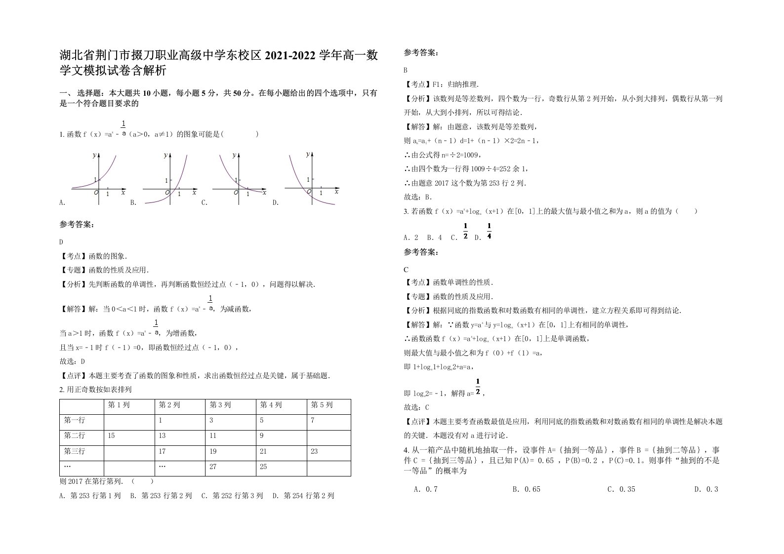 湖北省荆门市掇刀职业高级中学东校区2021-2022学年高一数学文模拟试卷含解析