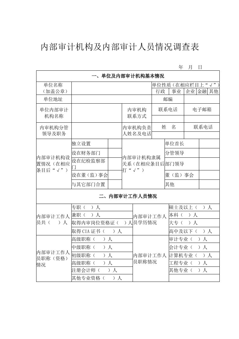 内部审计机构及内部审计人员情况调查表