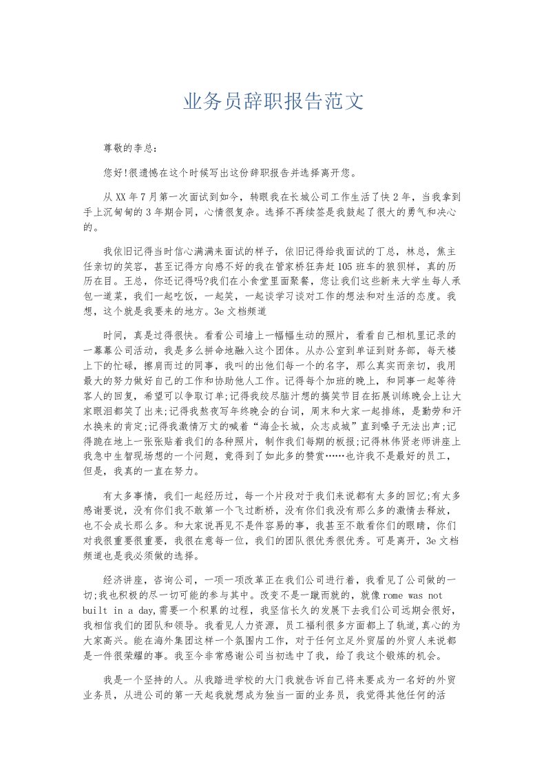 总结报告业务员辞职报告范文