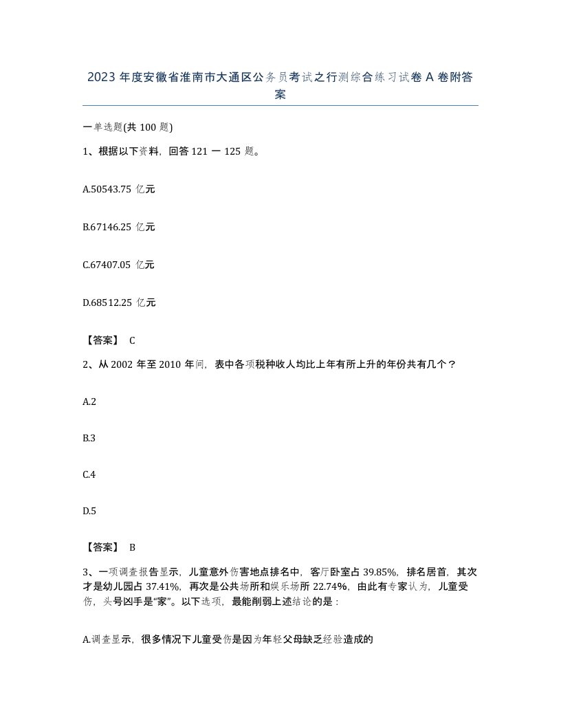 2023年度安徽省淮南市大通区公务员考试之行测综合练习试卷A卷附答案