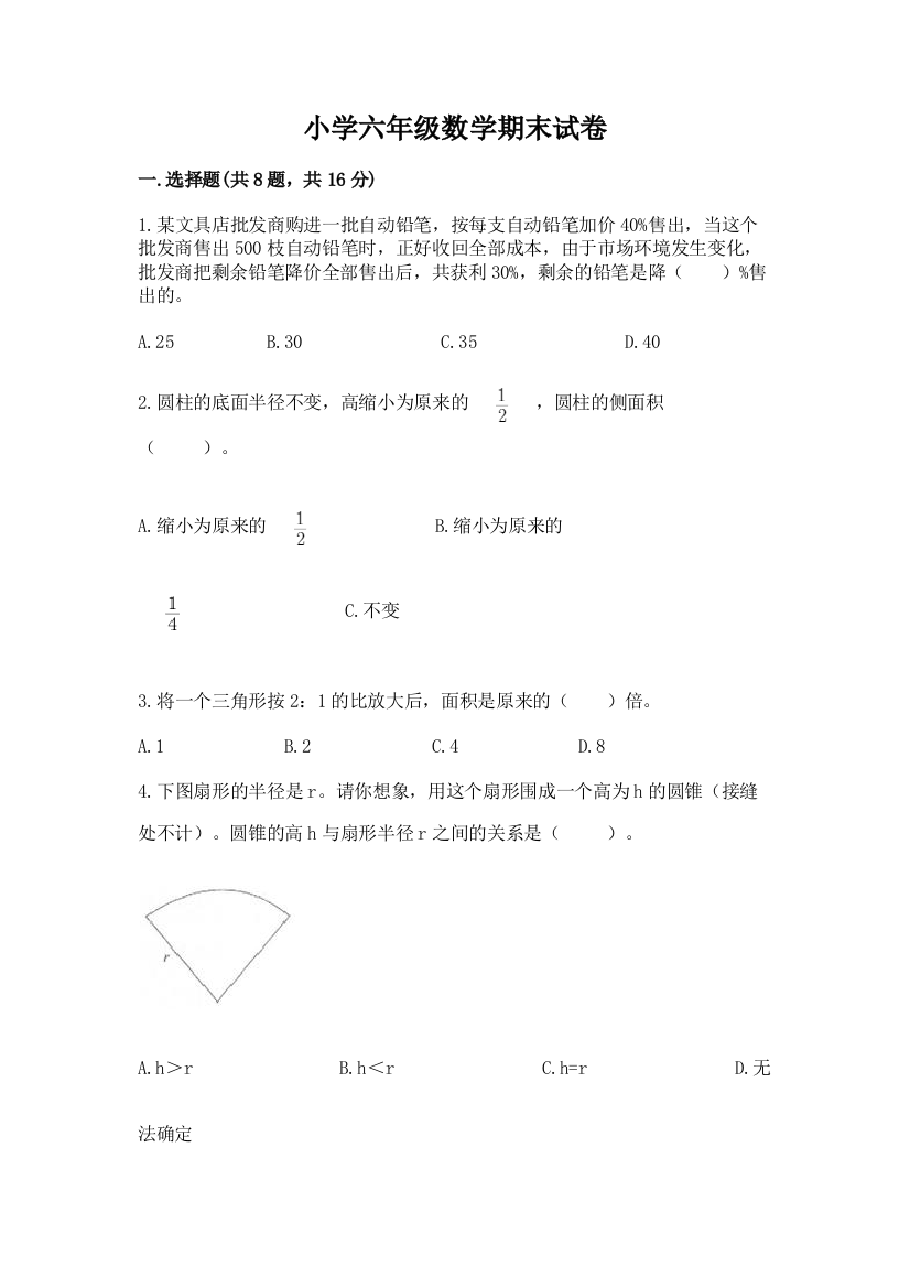 小学六年级数学期末试卷（巩固）