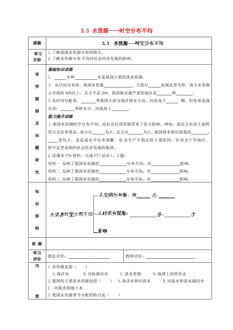 江苏省涟水县灰墩中学八年级地理上册3.3水资源——时空分布不均导学案无答案新版新人教版