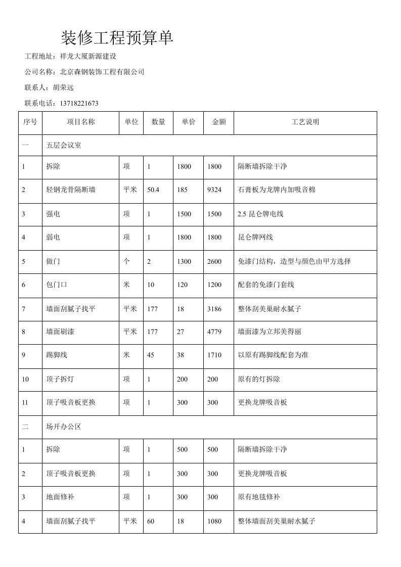 装修工程预算单