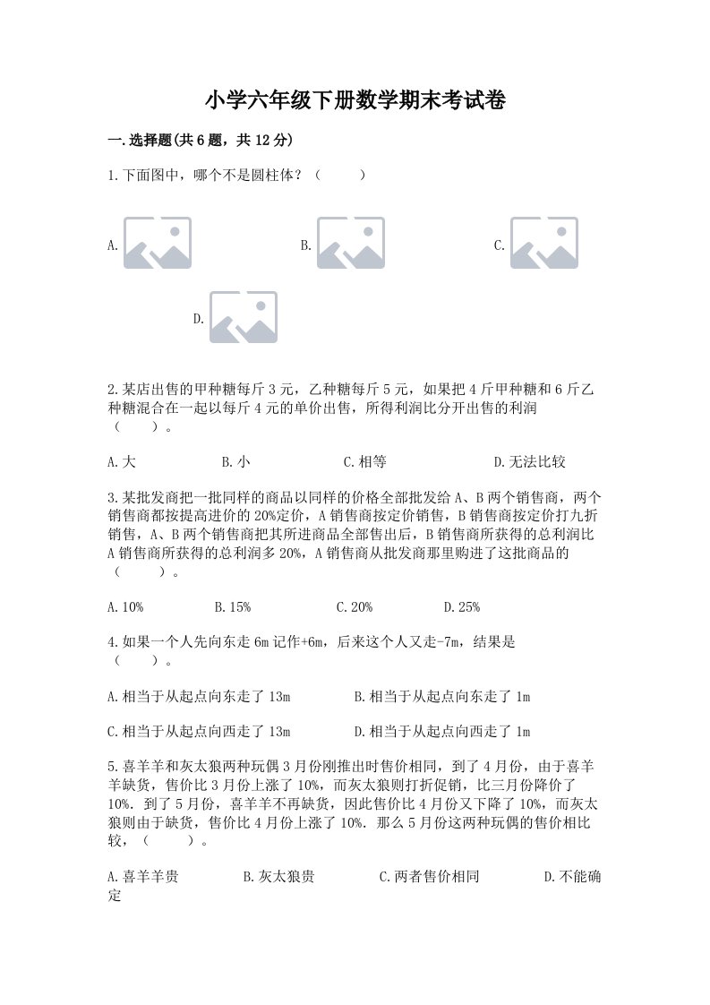 小学六年级下册数学期末考试卷【夺冠系列】