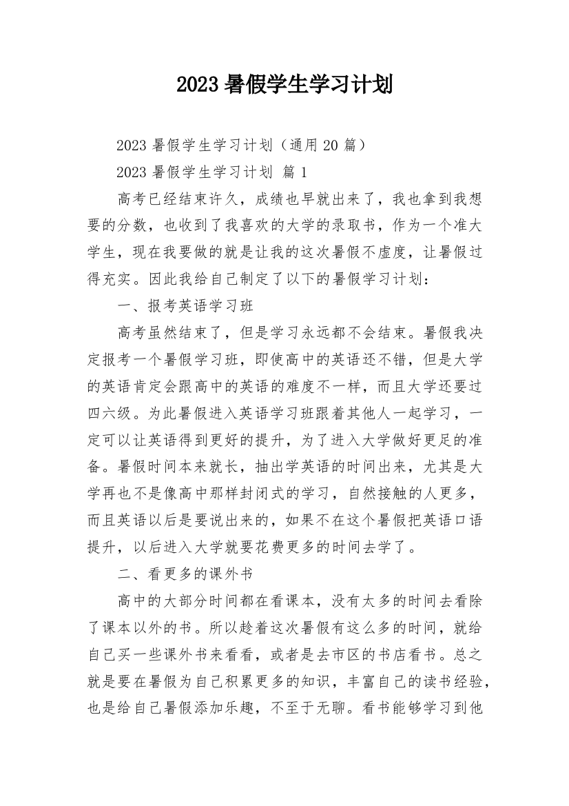 2023暑假学生学习计划