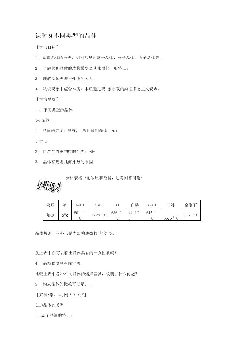 高二化学学案：1.3.2不同类型的晶体(苏教版必修2学案)（高考）