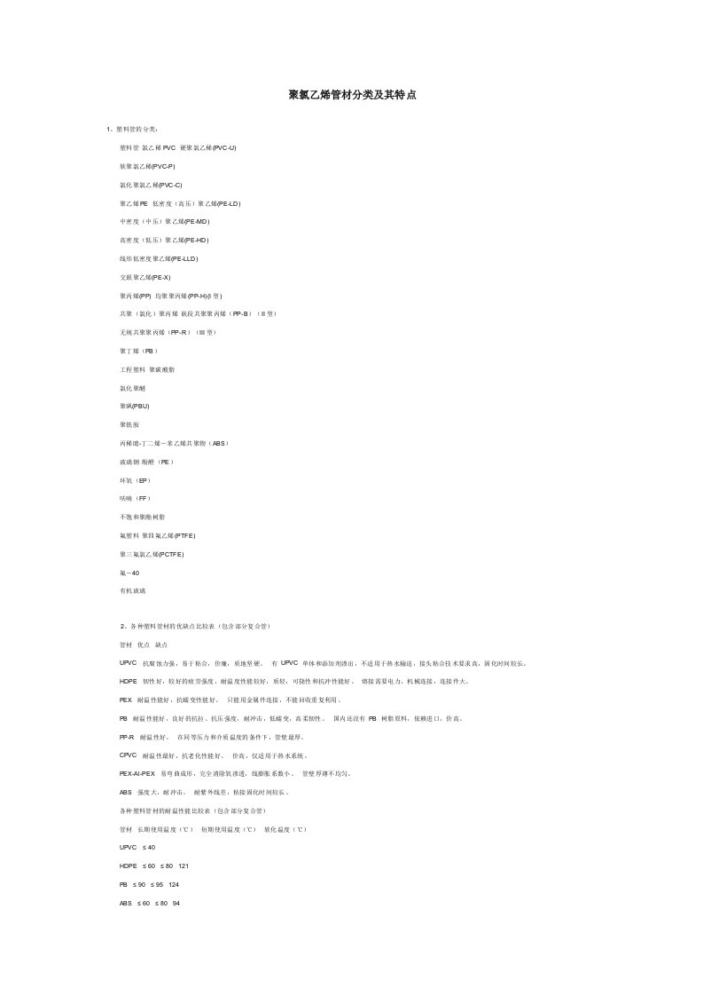 聚氯乙烯管材分类及其特点