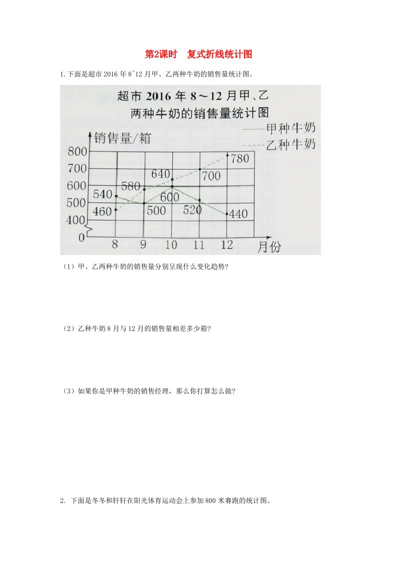 2022春五年级数学下册第7单元折线统计图第2课时复式折线统计图作业新人教版