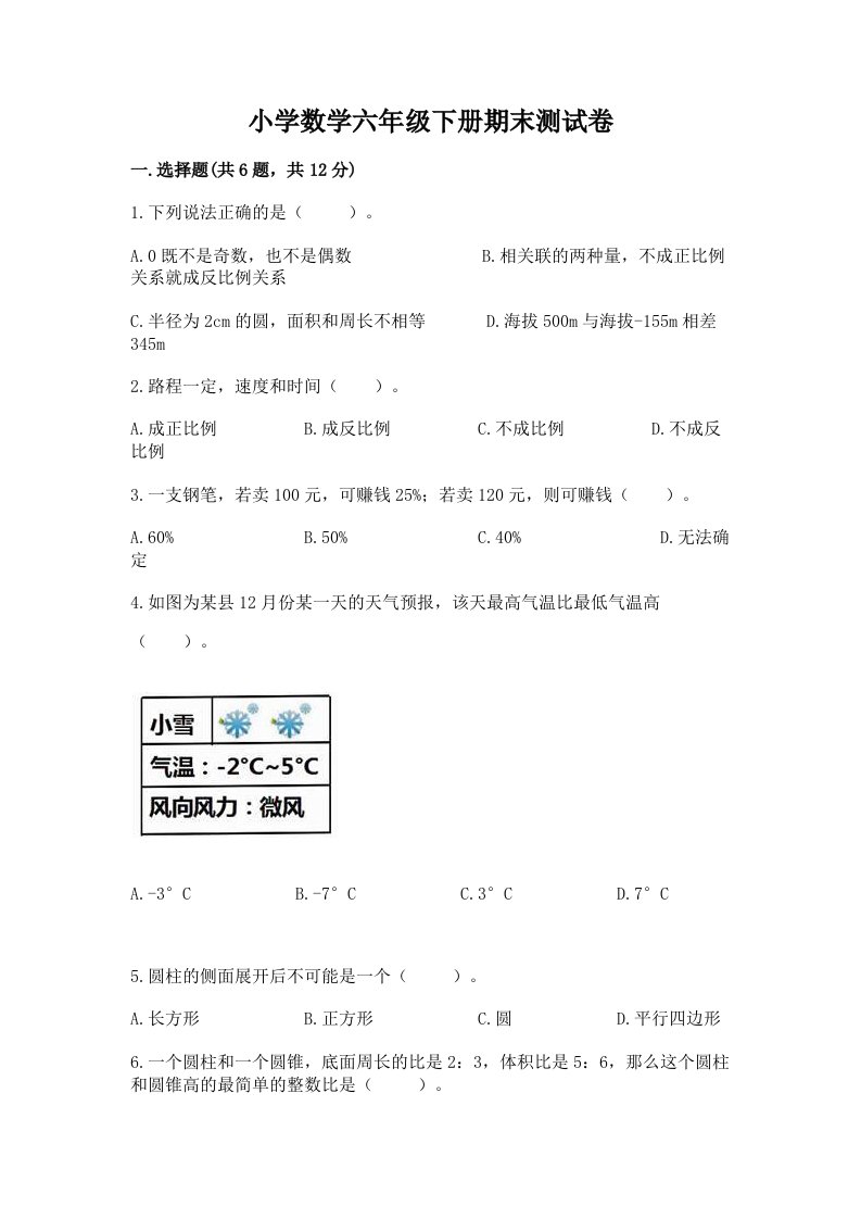 小学数学六年级下册期末测试卷（历年真题）