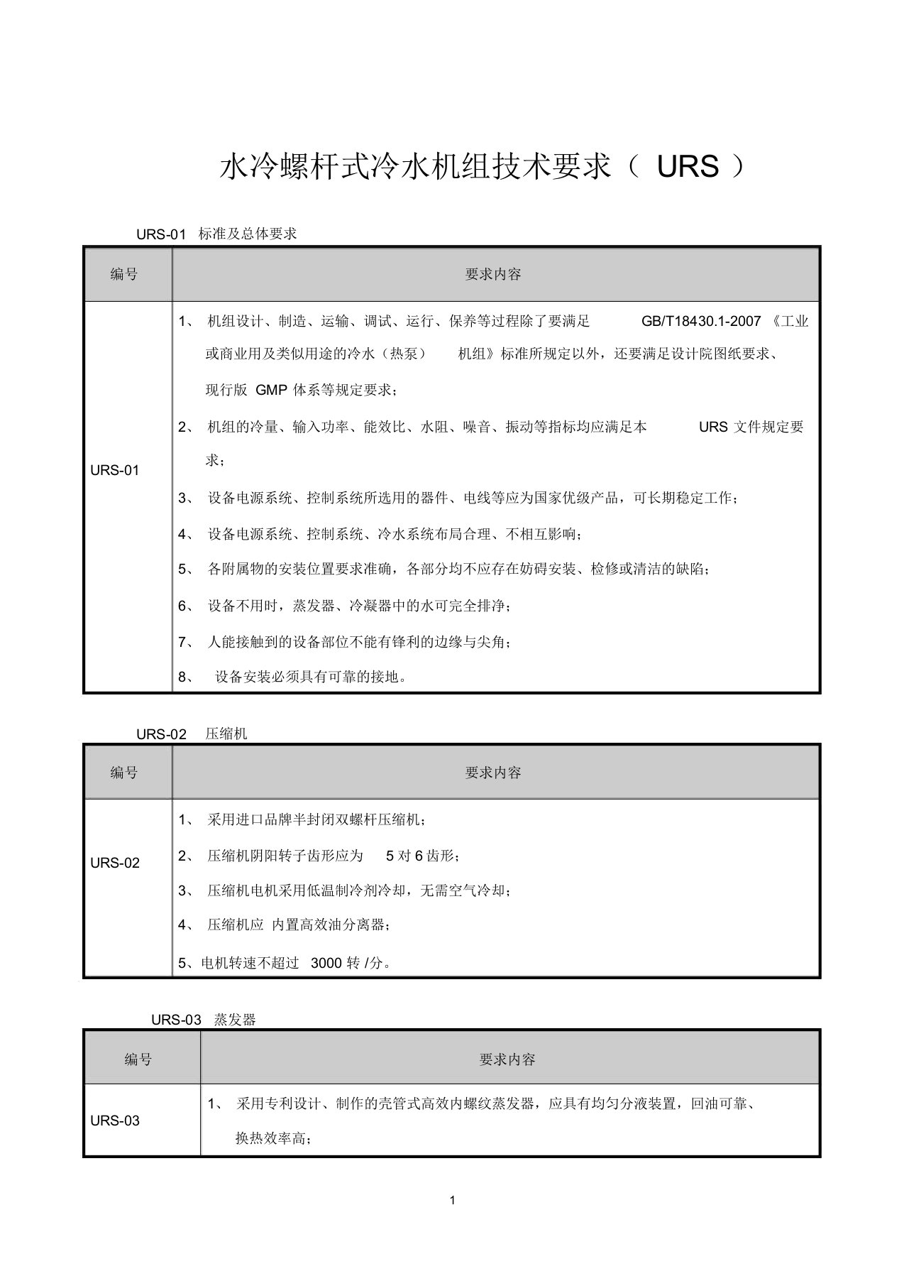 水冷螺杆式冷水机组技术要求(URS)