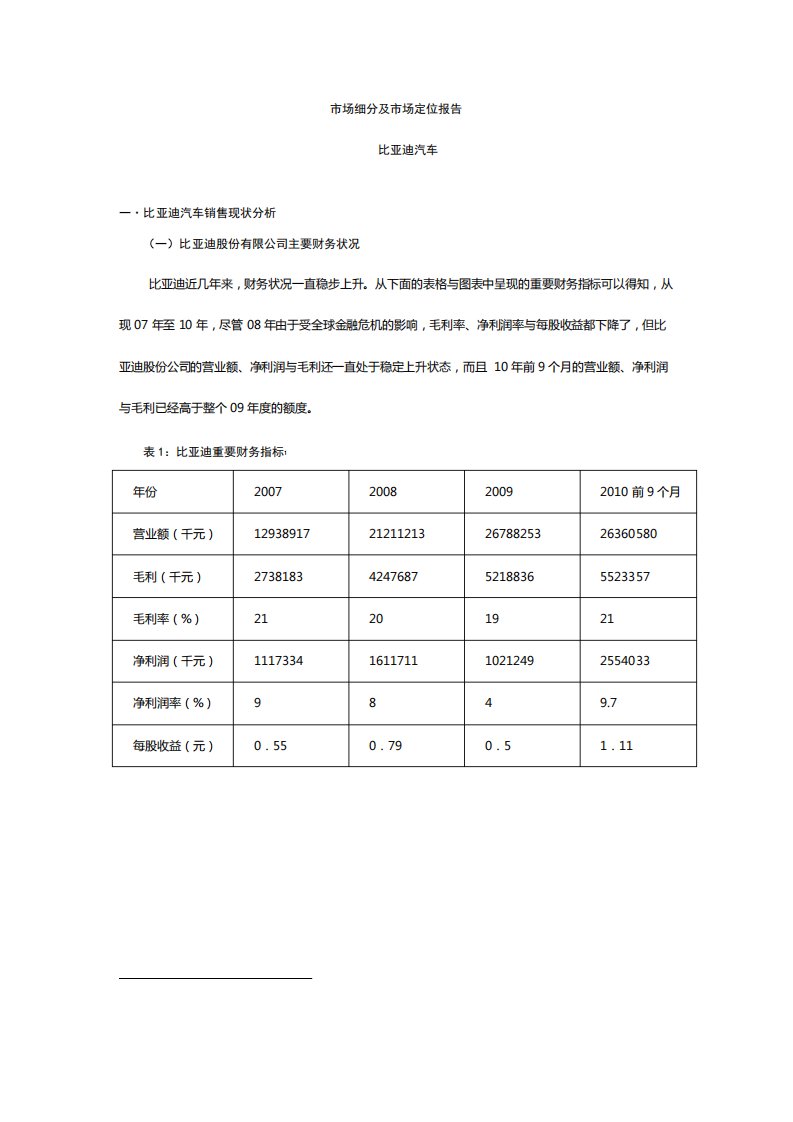 比亚迪市场定位市场细分报告