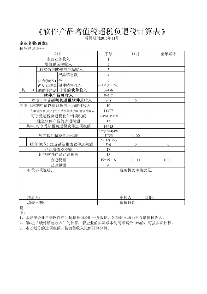 软件产品增值税超税负退税计算表