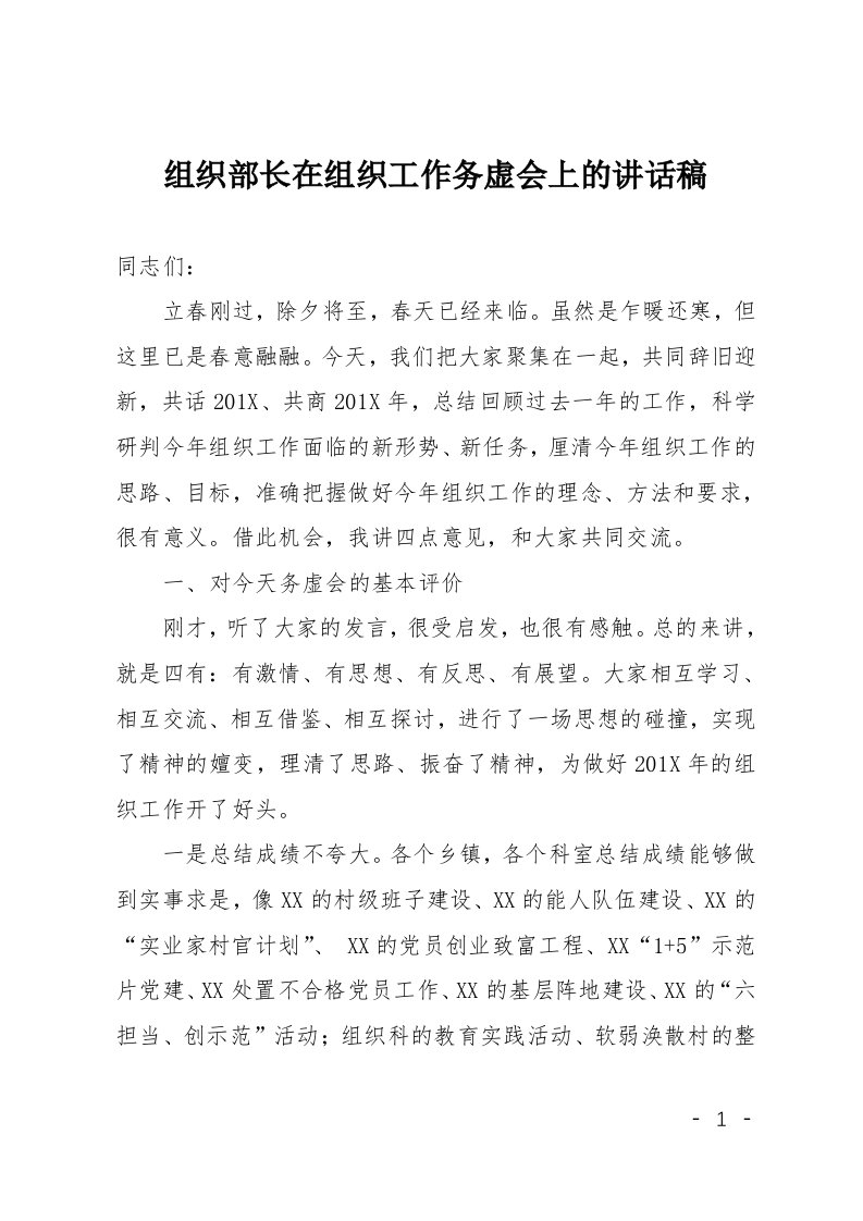 组织部长在组织工作务虚会上的讲话稿