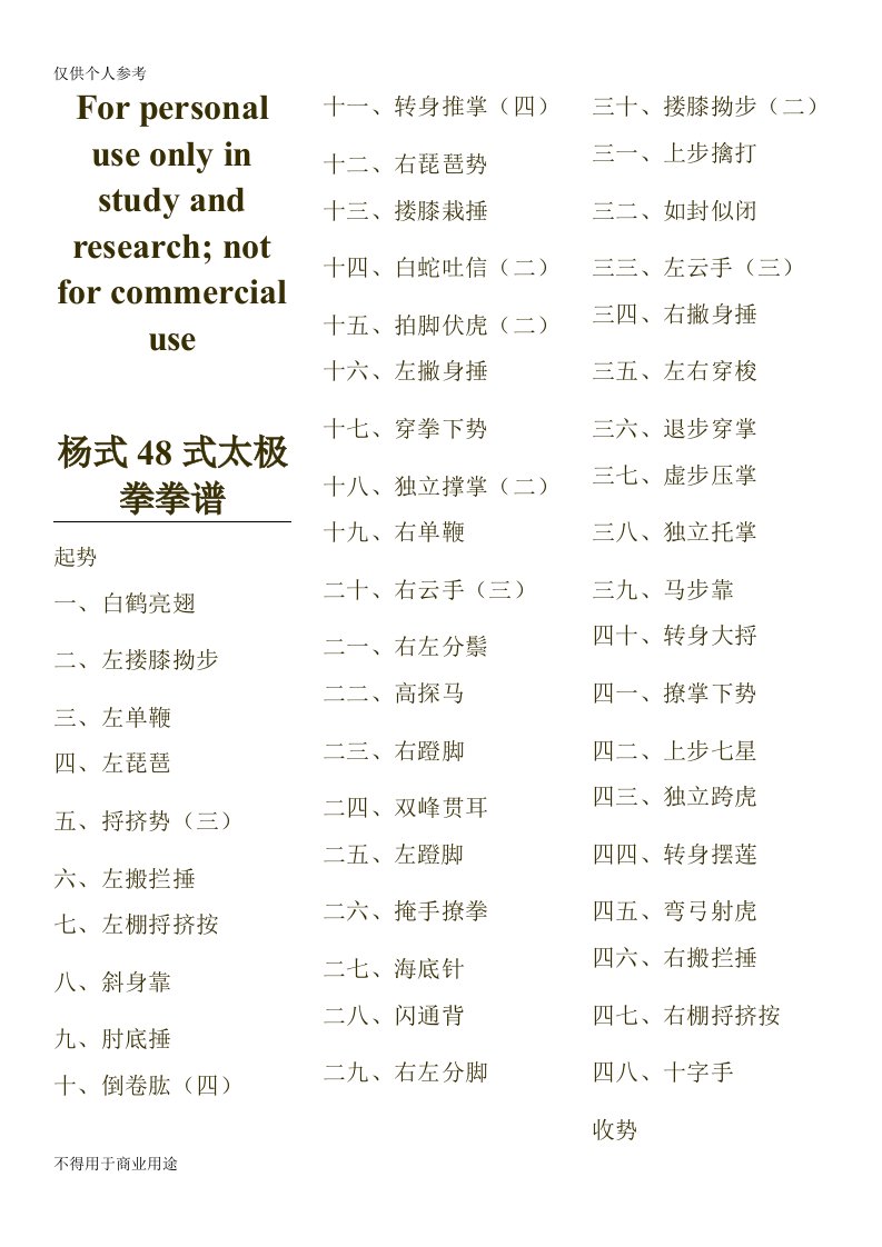 杨式48式太极拳拳谱