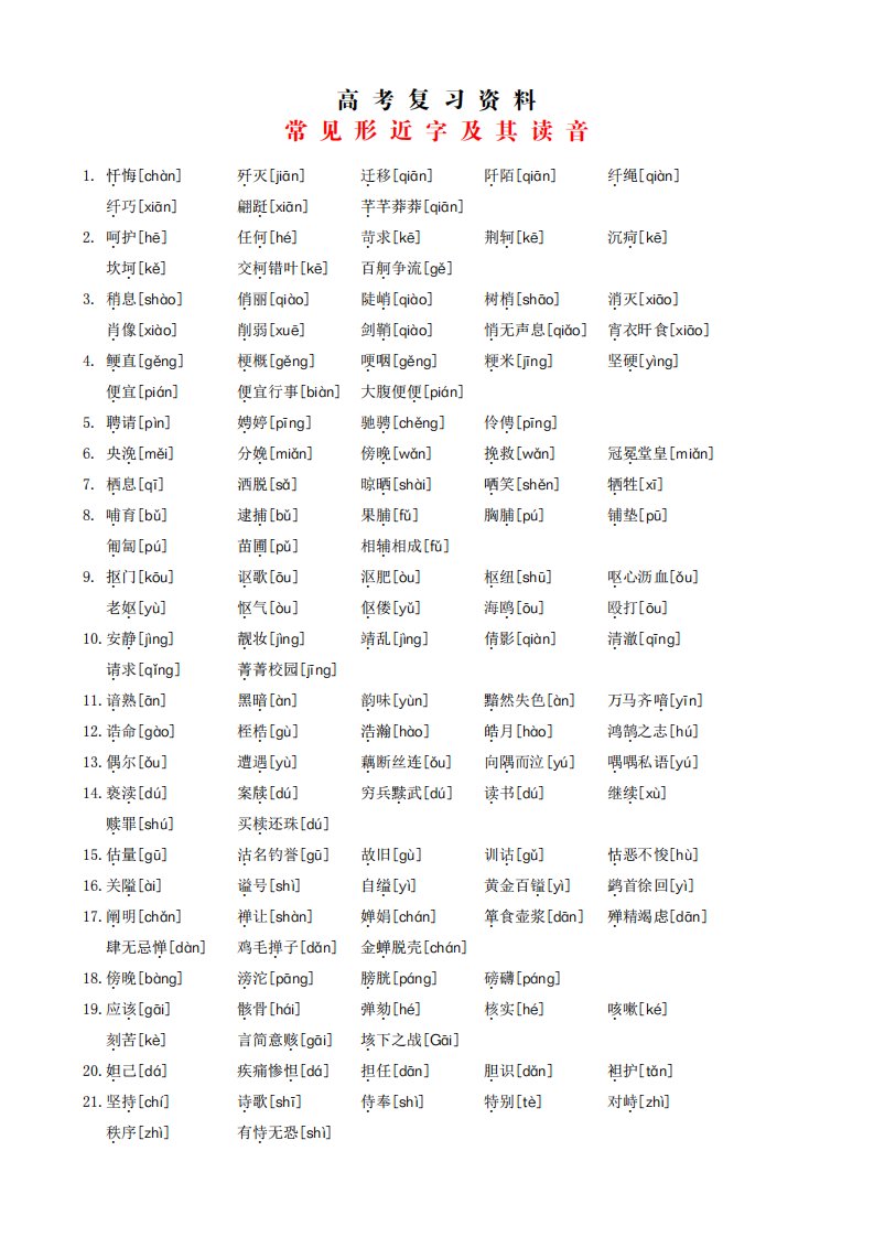 常见形近字及其读音(高考复习资料)