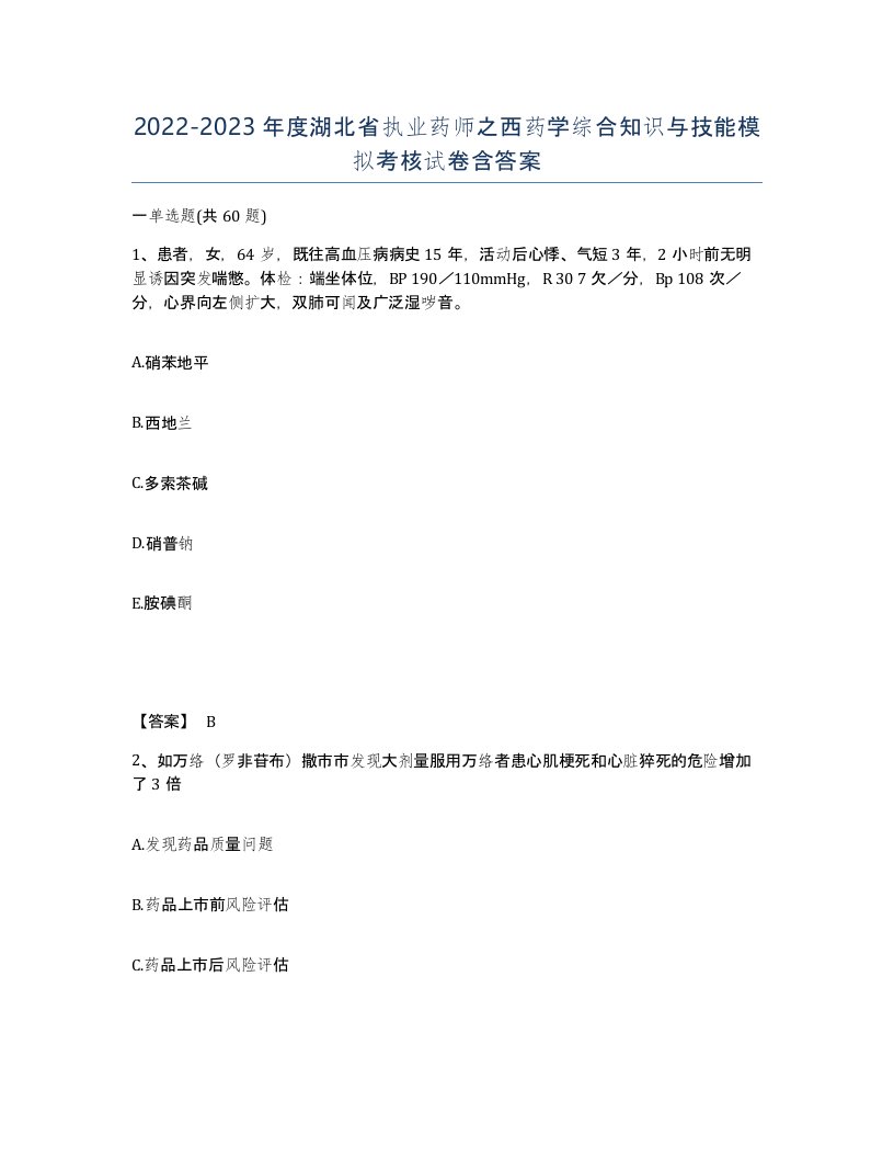 2022-2023年度湖北省执业药师之西药学综合知识与技能模拟考核试卷含答案