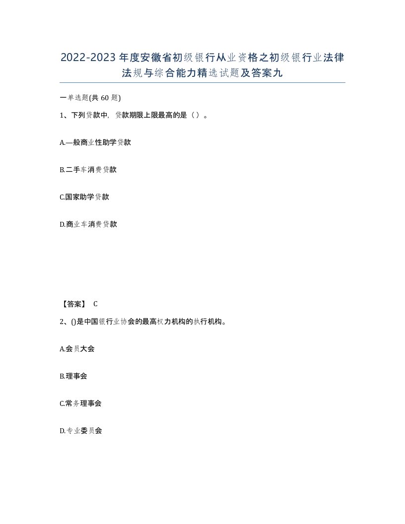 2022-2023年度安徽省初级银行从业资格之初级银行业法律法规与综合能力试题及答案九