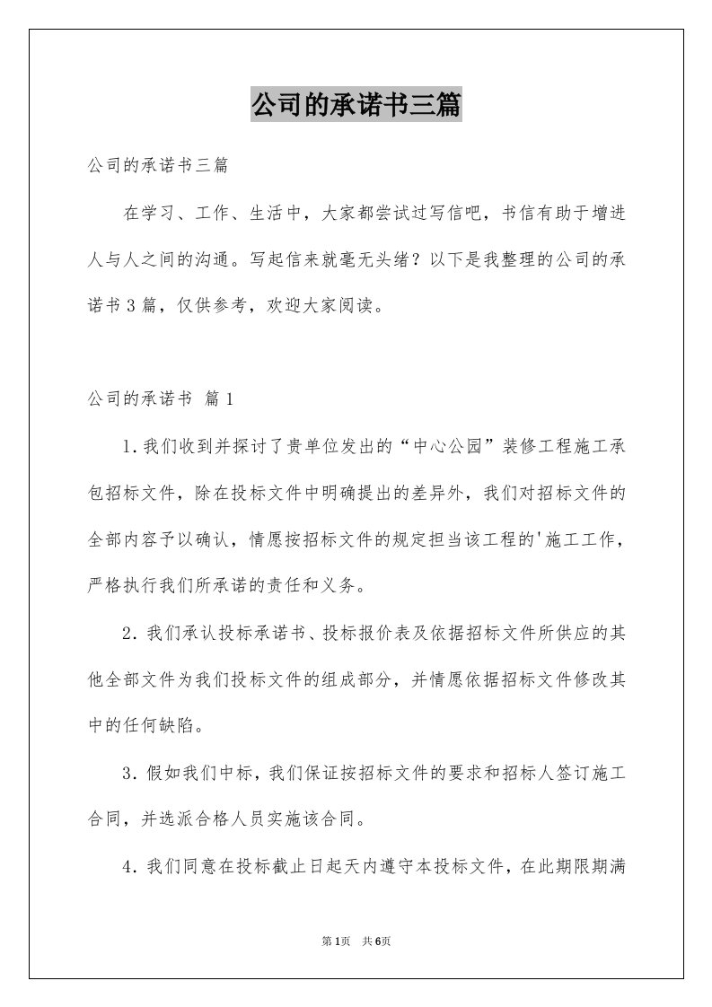 公司的承诺书三篇精选