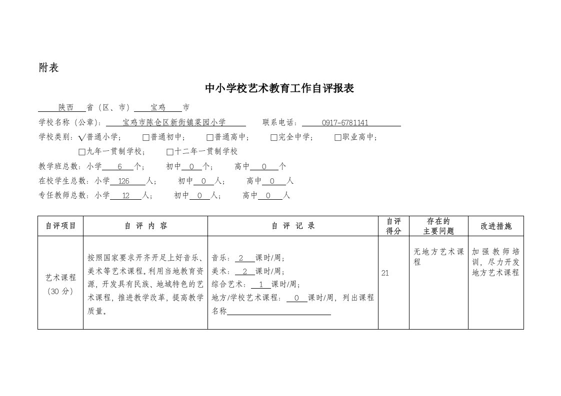 中小学校艺术教育工作自评报表