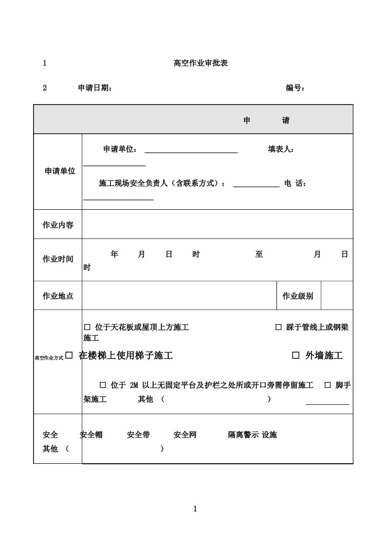 最新高空作业审批表