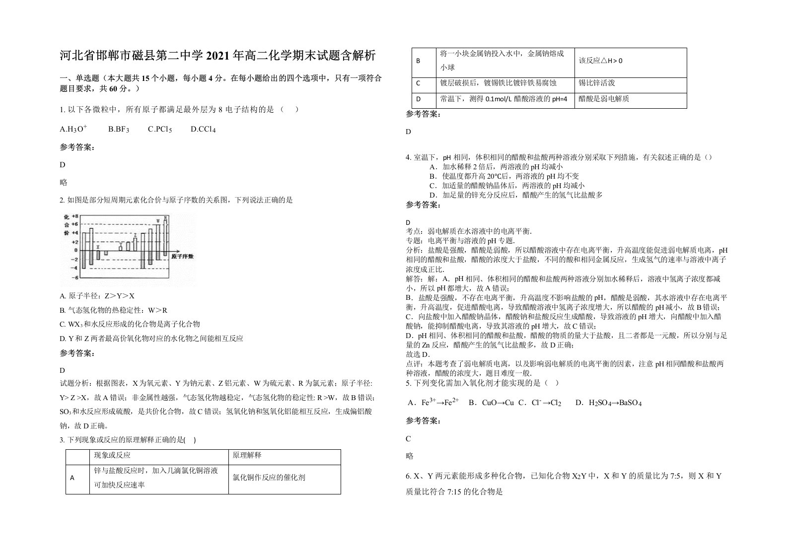 河北省邯郸市磁县第二中学2021年高二化学期末试题含解析