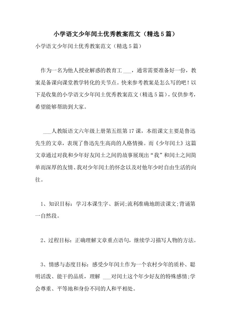 2021小学语文少年闰土优秀教案范文（精选5篇）