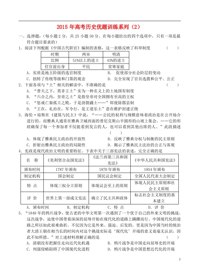 高考历史优题训练系列（2）