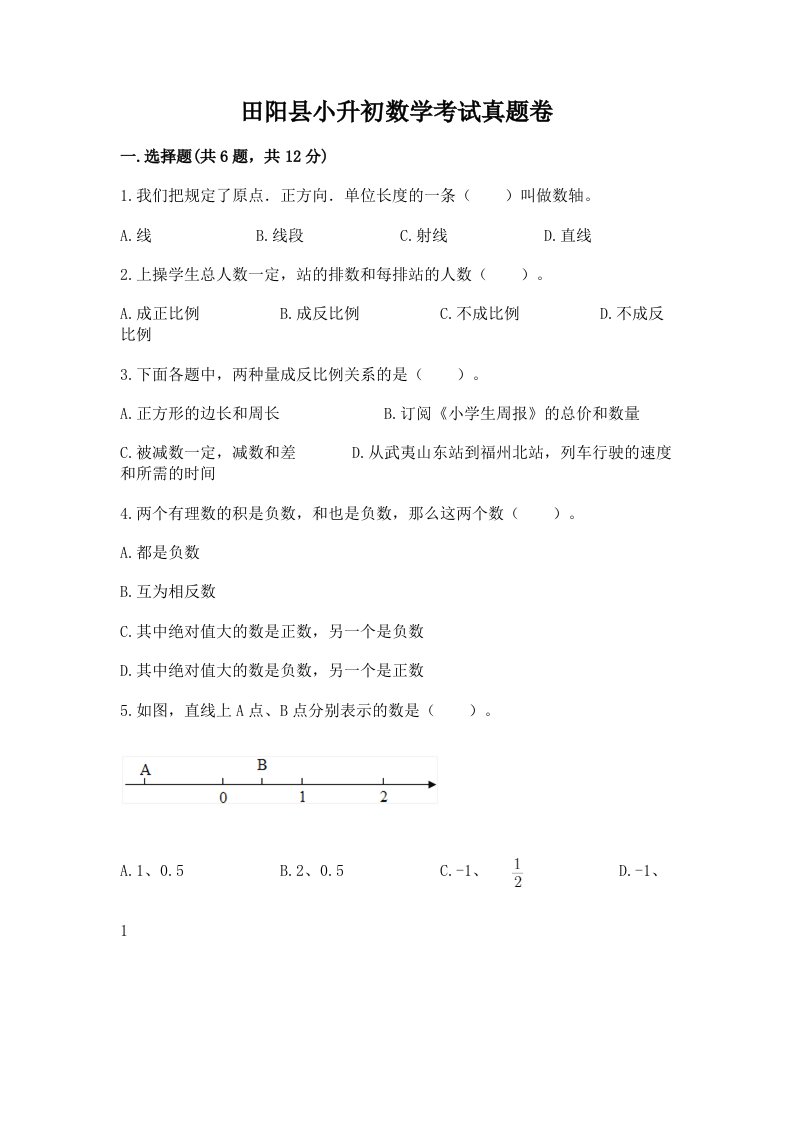 田阳县小升初数学考试真题卷及答案1套