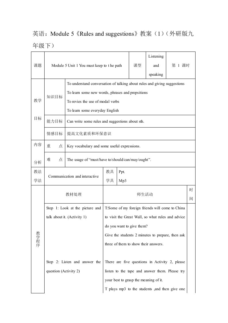 英语Module5《Rulesandsuggestions》教案(外研版九年级下)