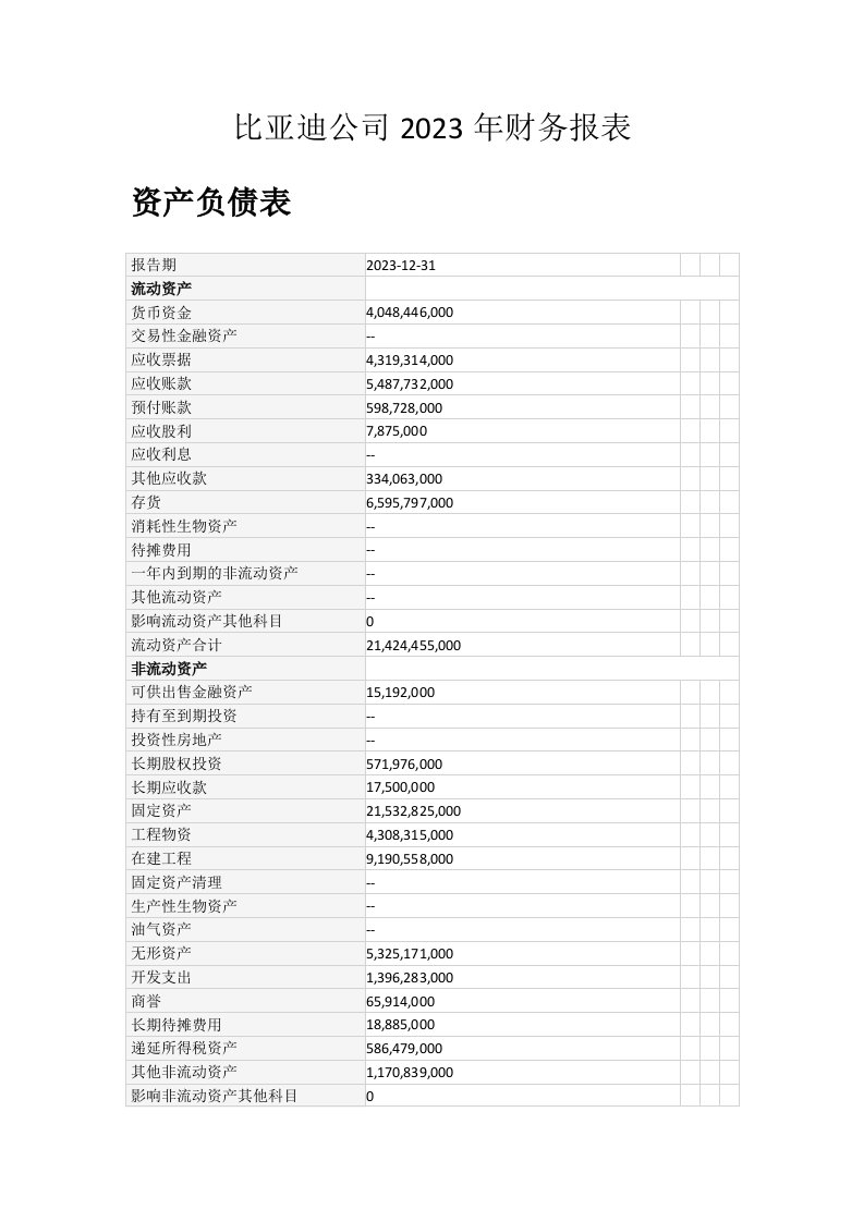 比亚迪公司2023年财务报表