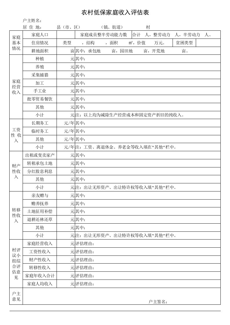 农村低保家庭收入表