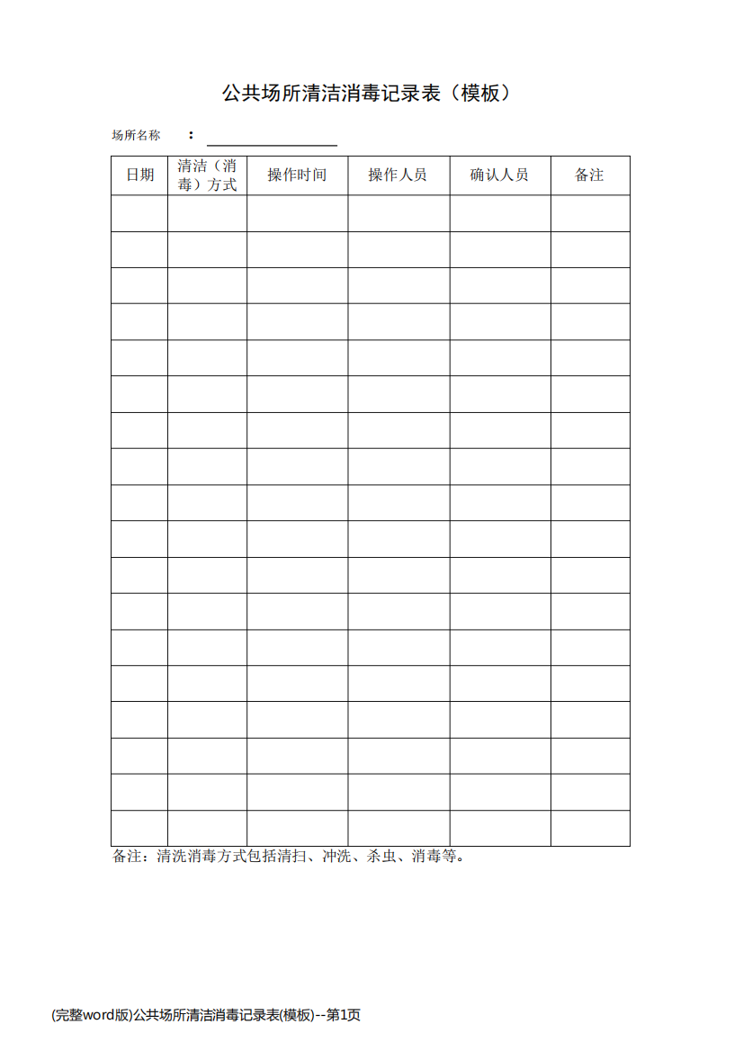 (完整word版)公共场所清洁消毒记录表(模板)