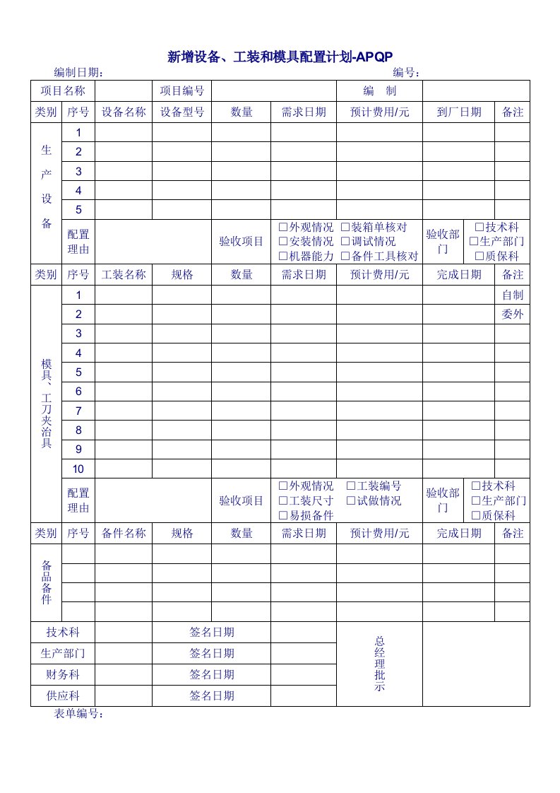 模具设计-新增设备工装模具配置计划