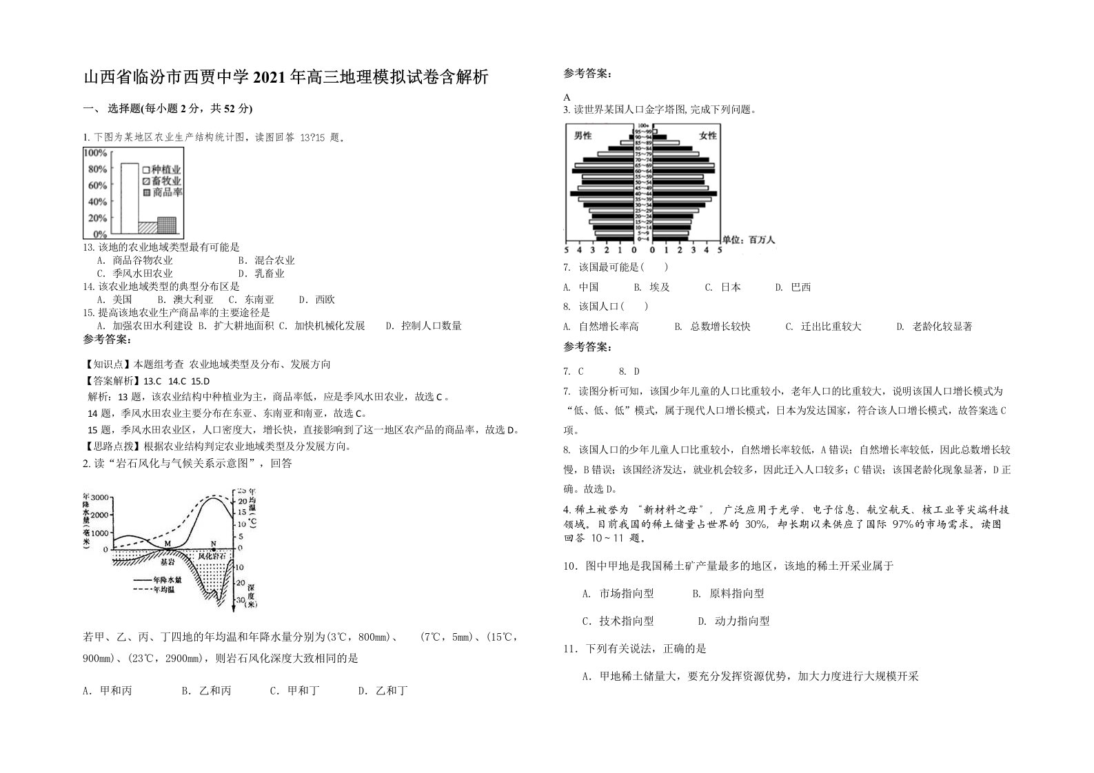 山西省临汾市西贾中学2021年高三地理模拟试卷含解析