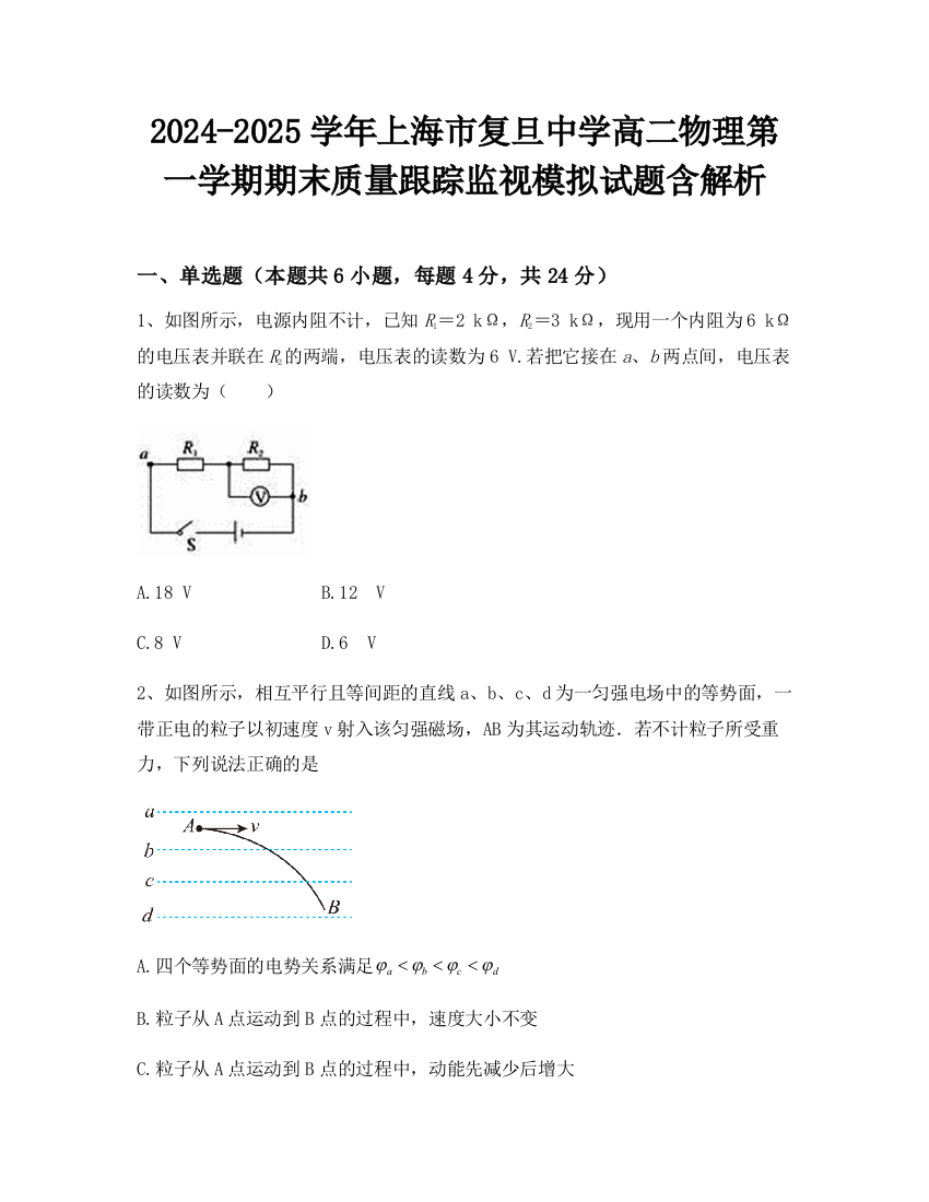 2024-2025学年上海市复旦中学高二物理第一学期期末质量跟踪监视模拟试题含解析