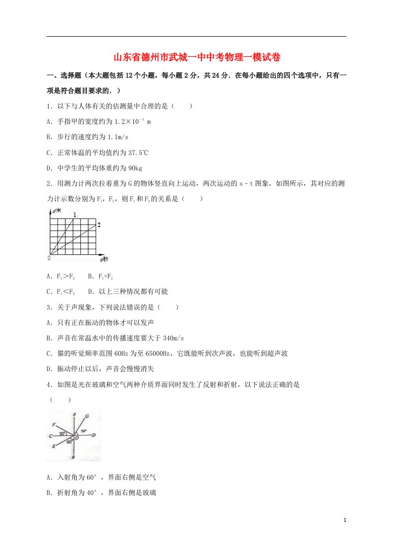 山东省德州市武城一中中考物理一模试题（含解析）