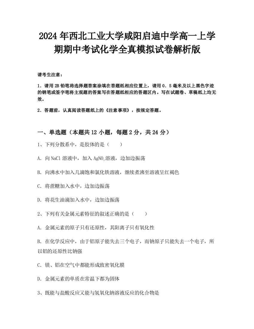 2024年西北工业大学咸阳启迪中学高一上学期期中考试化学全真模拟试卷解析版