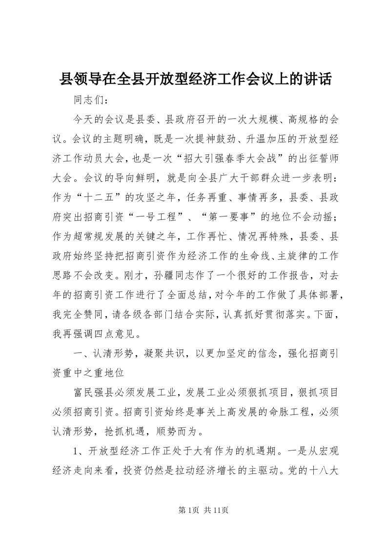 6县领导在全县开放型经济工作会议上的致辞