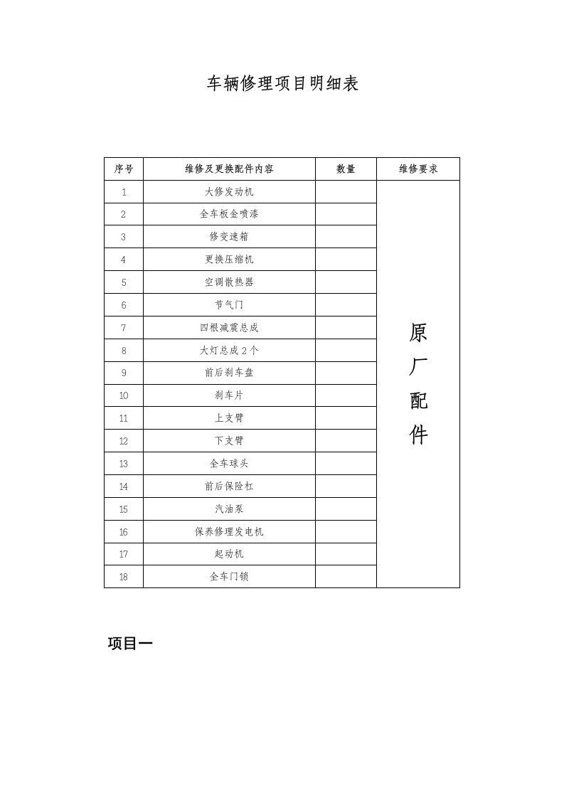 车辆修理项目明细表