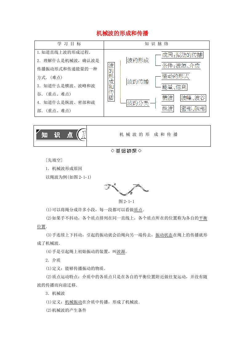 高中物理第2章机械波1机械波的形成和传播教师用书教科版选修