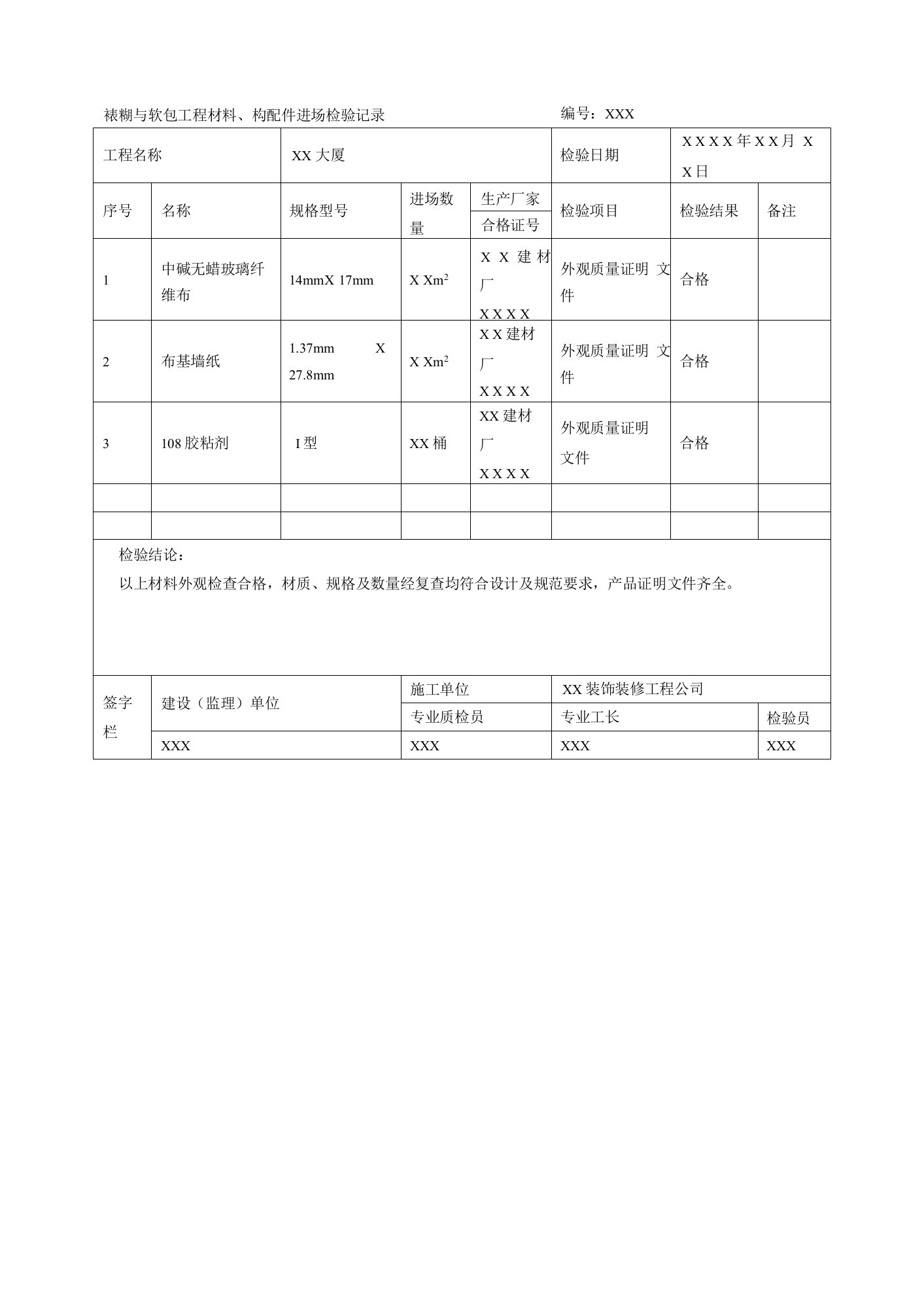 裱糊与软包工程材料、构配件进场验收记录